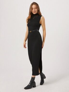 Sleeveless Black Ribbed Mock Neck Maxi Dress